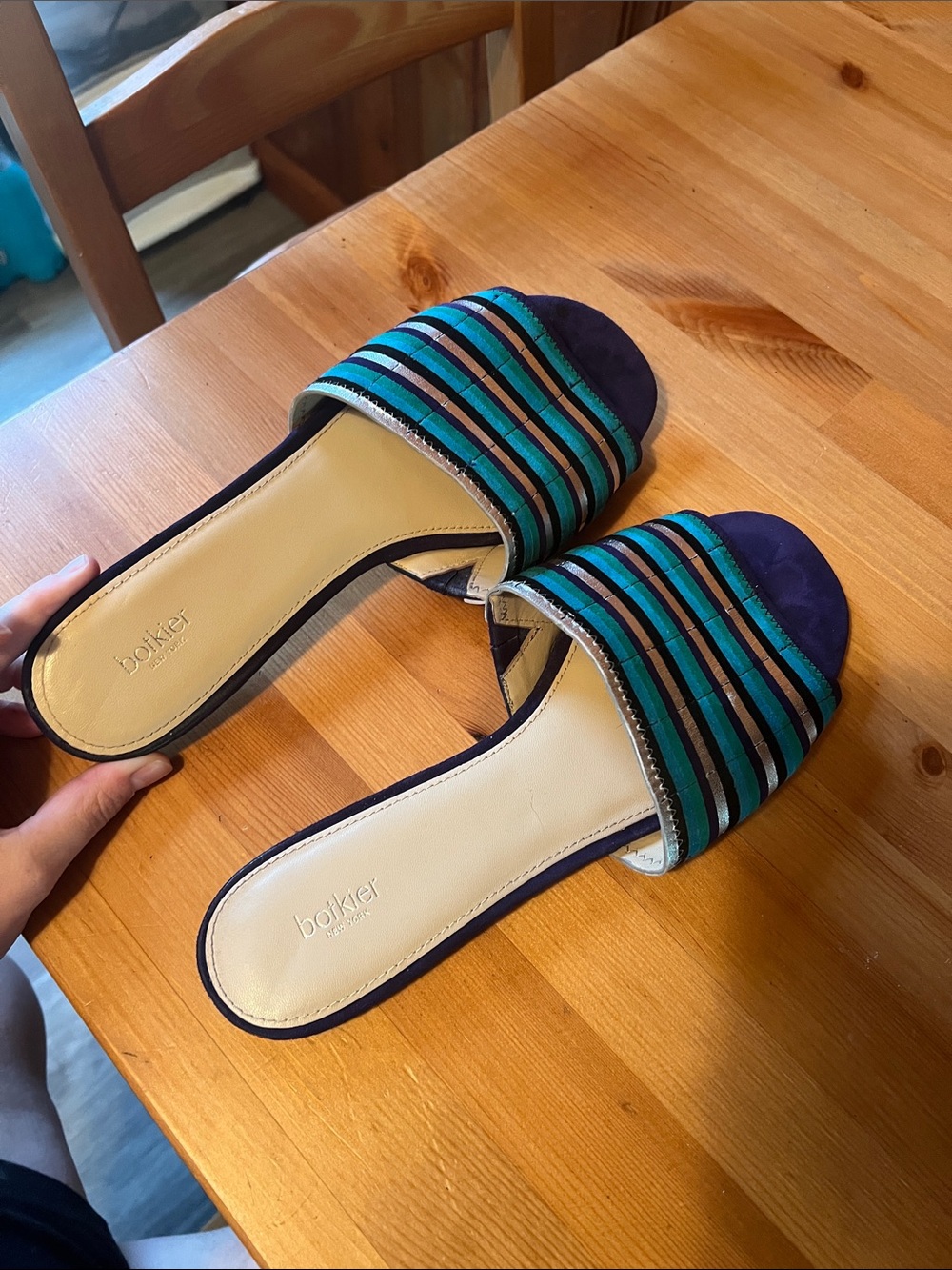 Botkier Striped Slide Mules in Teal and Navy